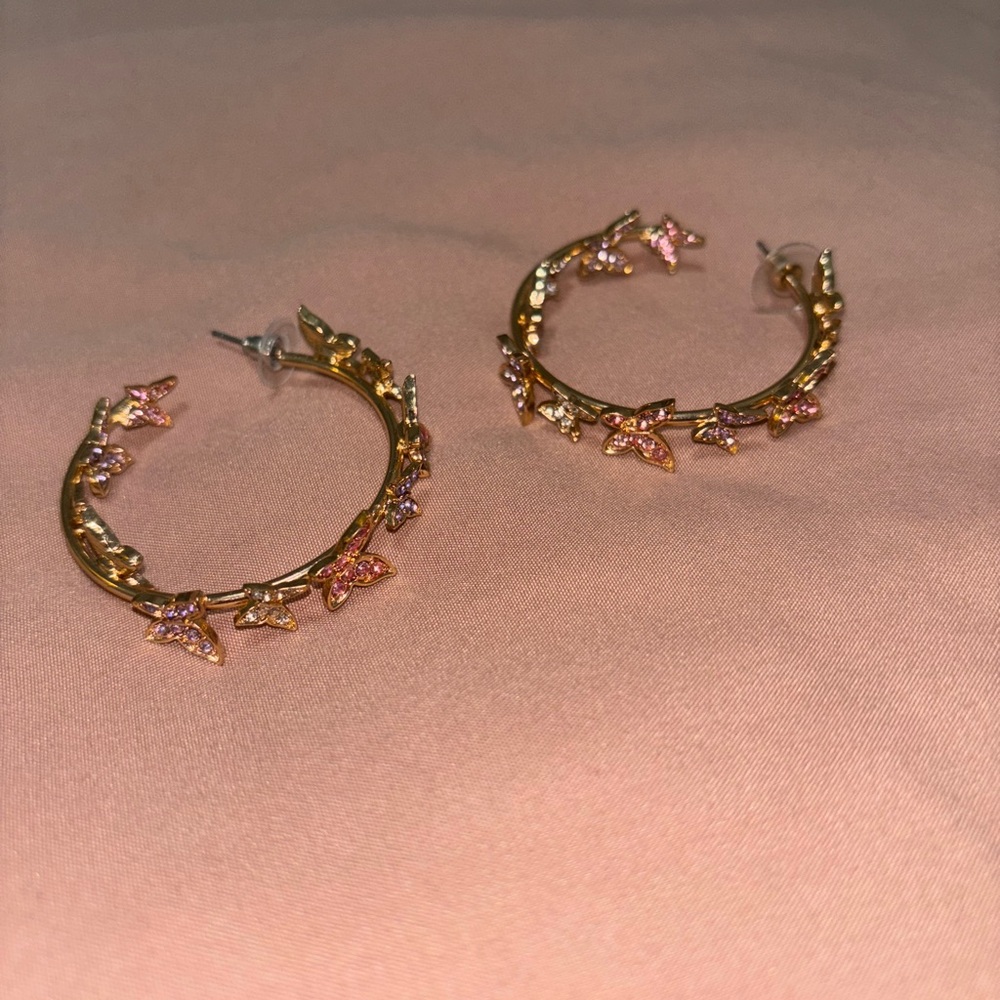 Aldo Gold and Pink Butterfly Hoop Earrings